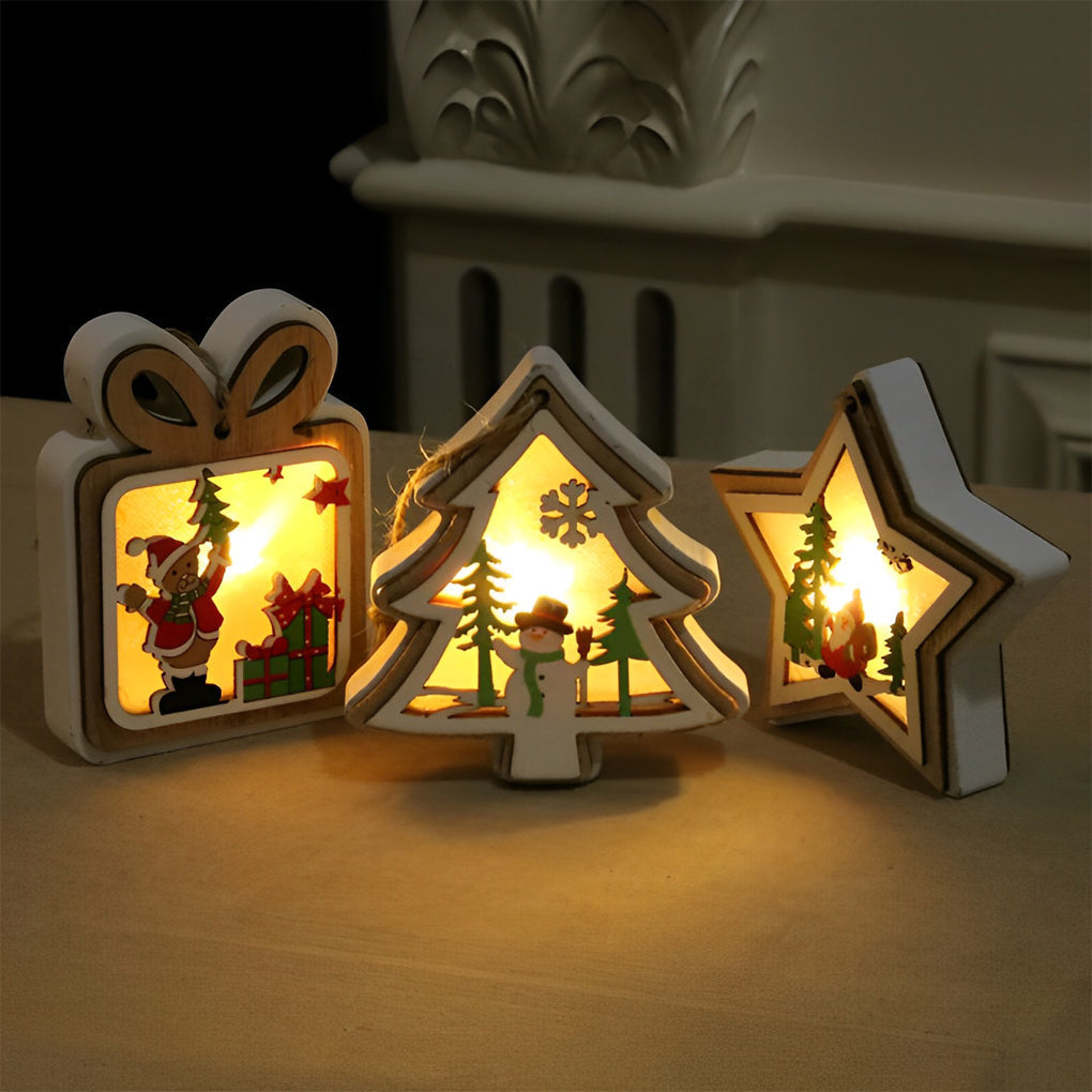 Wooden Christmas ornaments set of 2, modern natural wood, bell star tree gift shapes