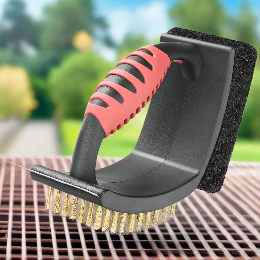 3-in-1 grill brush with brass bristles and copper scraper, black, BBQ cleaner
