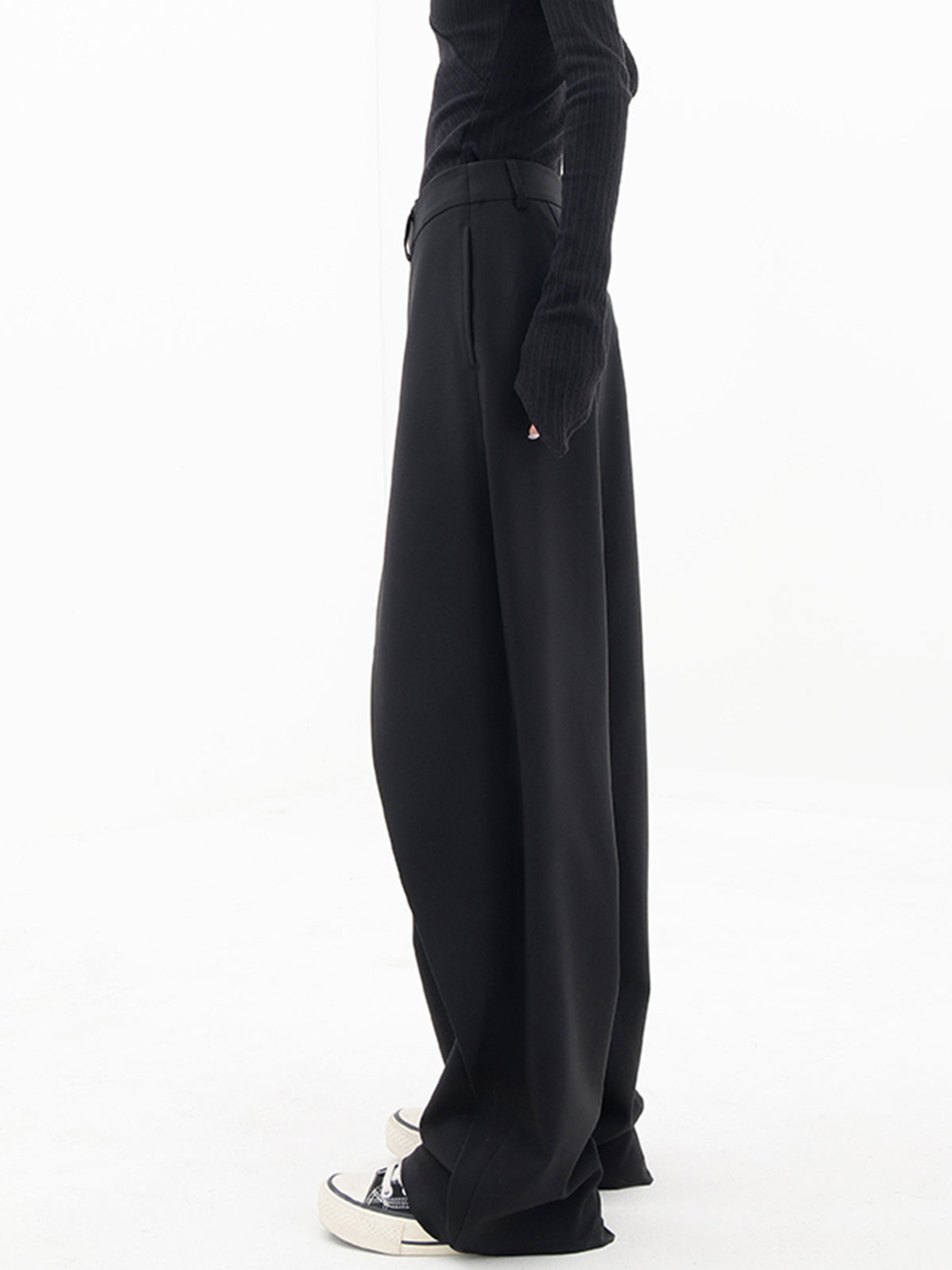 Women wide leg trousers asymmetric button detail in black and grey