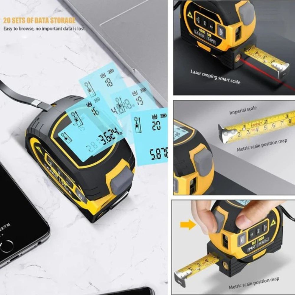 Laser tape measure 3-in-1 infrared rangefinder with LCD display, yellow and blue