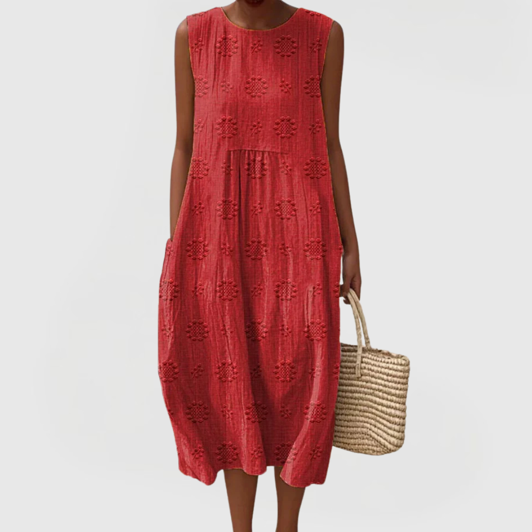 Women's sleeveless dress with tummy control, floral embroidery and hidden side pockets