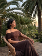 Women off shoulder draped midi dress with sheer overlay and flowing skirt