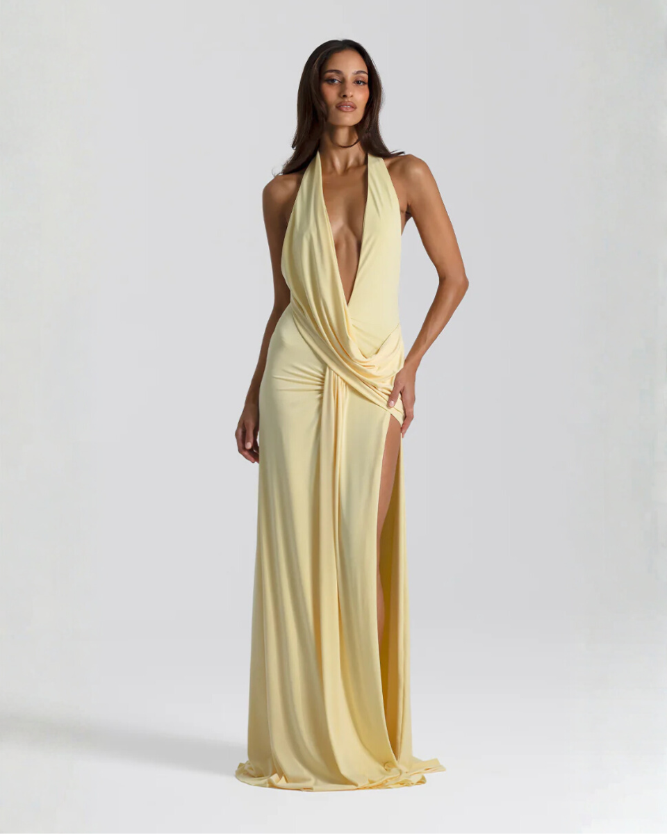 Halter neck backless maxi dress with high side slit, flowing silhouette for evening events