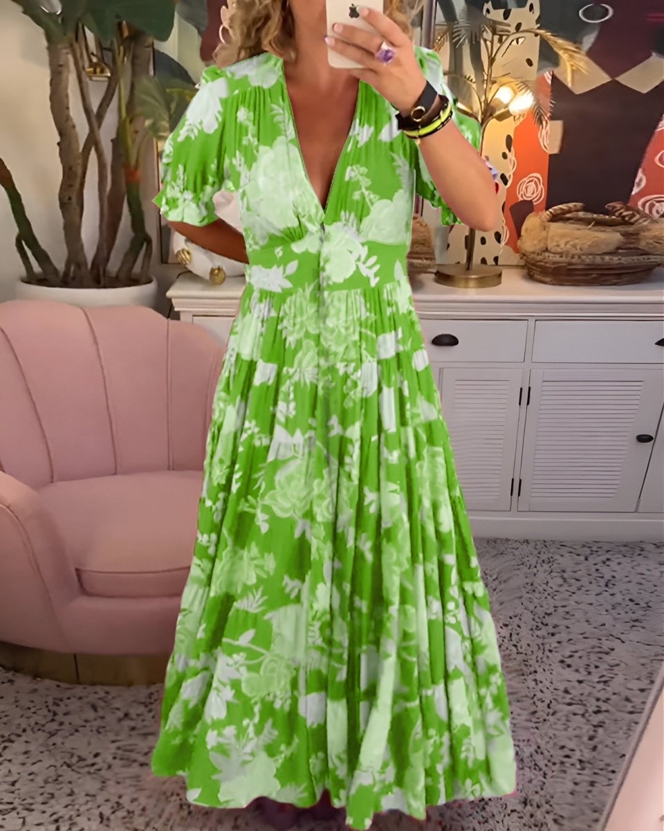 Women's floral V-neck pocket dress, flowing summer occasion dress