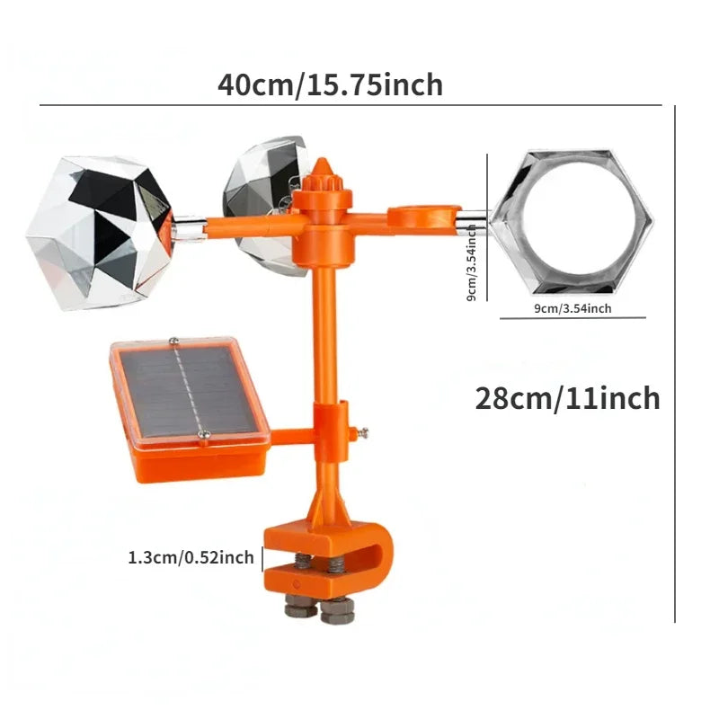 Solar powered 360 rotating bird repeller with reflective panels and ultrasonic sound
