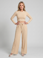 Women 2 piece long sleeve crew neck crop top wide leg pants set