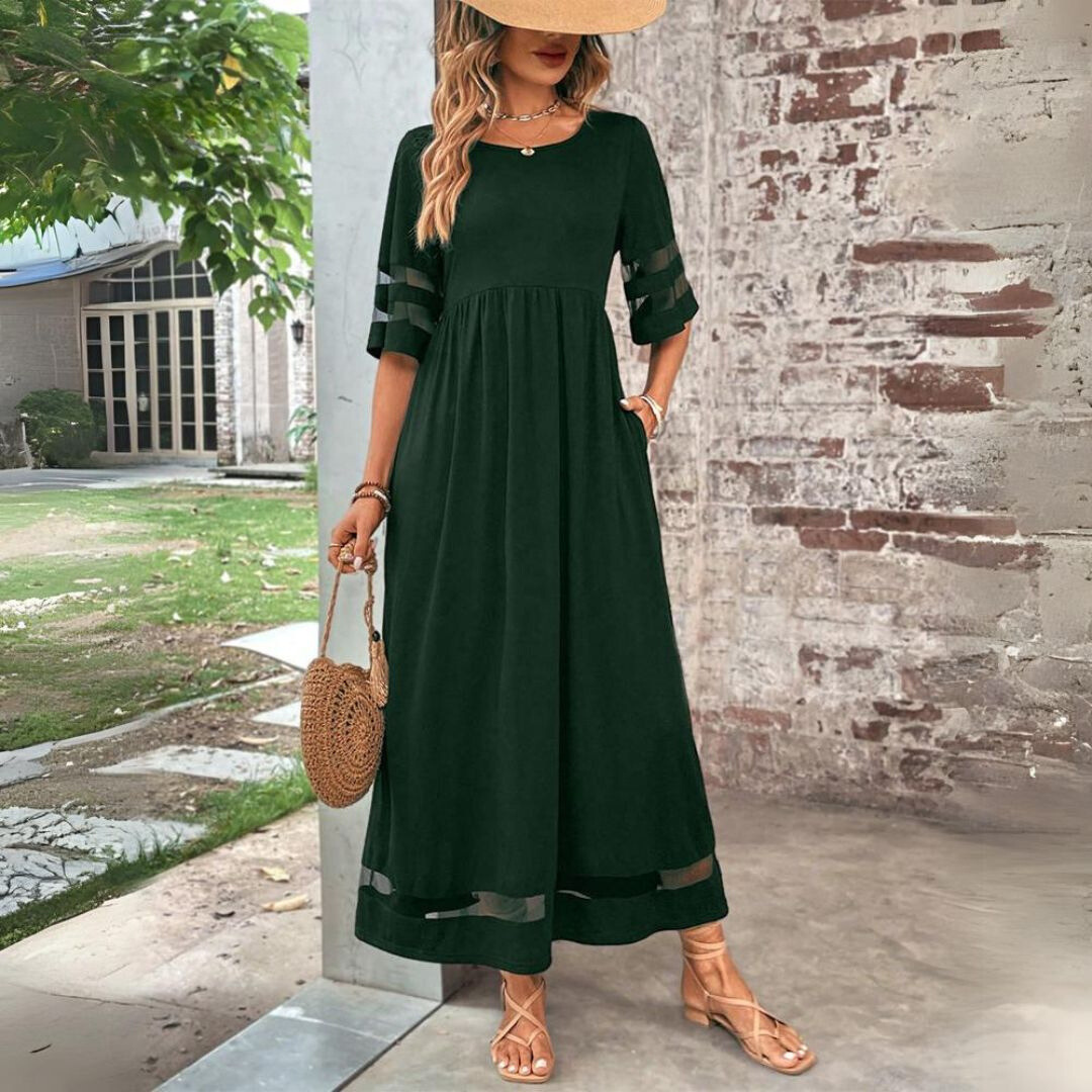 Women midi dress empire waist tummy smoothing flowing skirt
