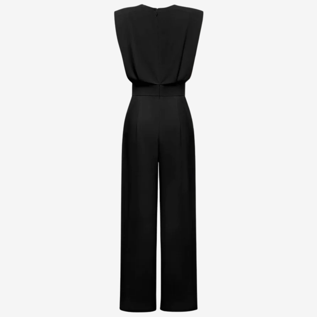 Women's jumpsuit with belted waist, minimalist elegant style, available in beige black olive