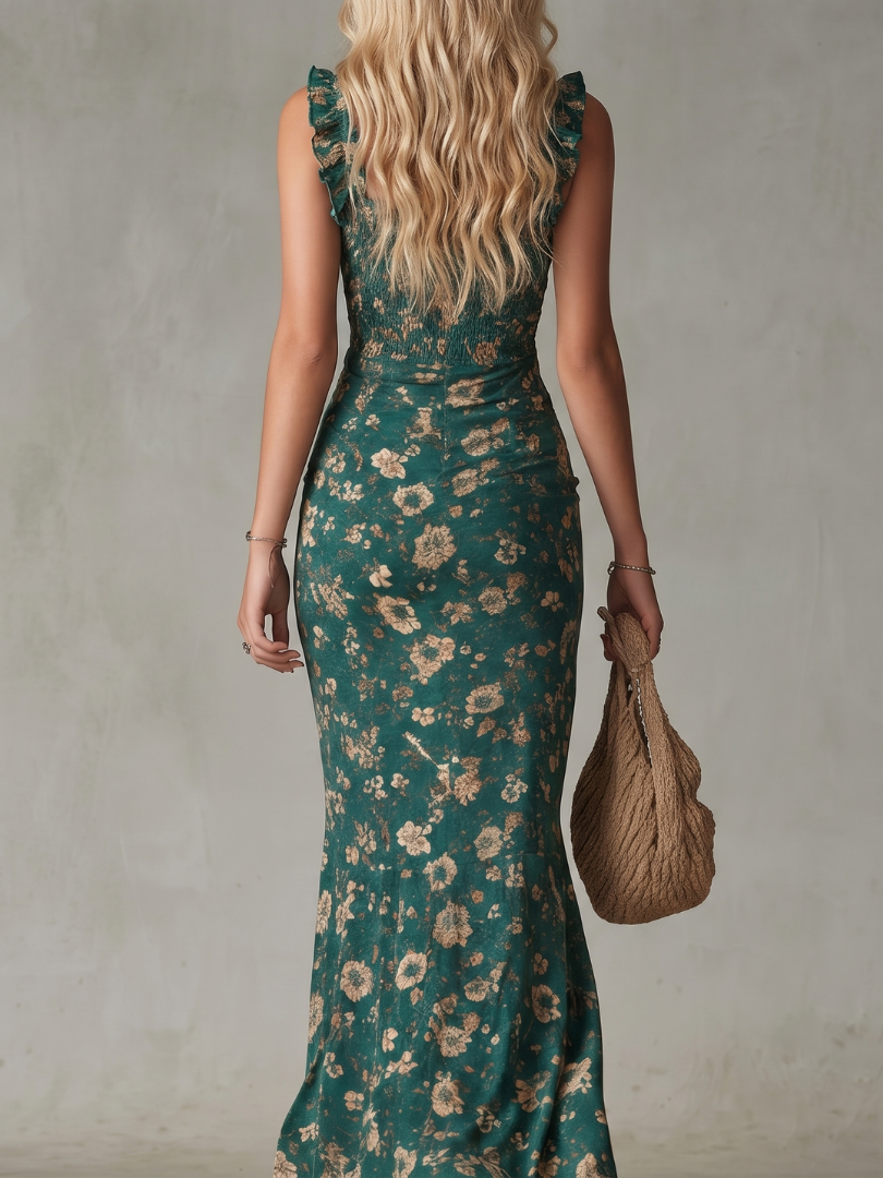 Dark green midi dress with smocked bodice, ruffle straps and front slit