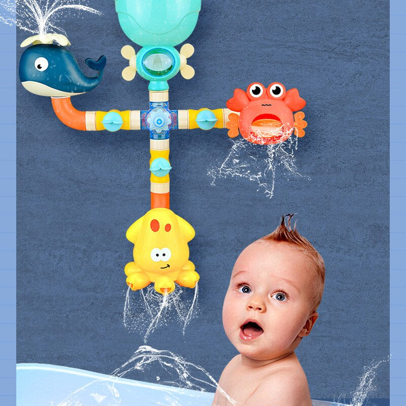 Bath toy sprinkler set with octopus, whale and crab figures with suction cups
