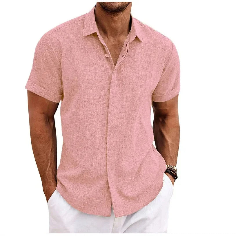 Men's linen shirt short sleeve double button placket lightweight summer