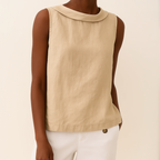 Women linen cotton sleeveless longline top with pleated collar