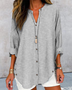 Women loose fit long sleeve striped button-up blouse with V-neck