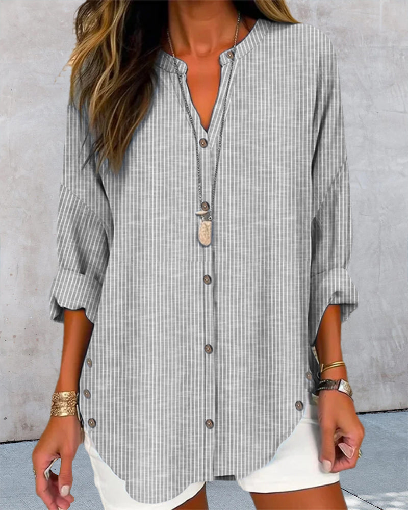 Women loose fit long sleeve striped button-up blouse with V-neck