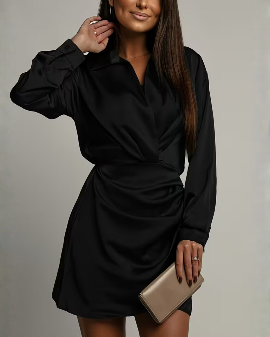 Long sleeve mini dress with wrap detail and collared neckline, regular fit