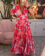 Women's floral V-neck pocket dress, flowing summer occasion dress
