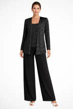 Women's evening three-piece set with wide-leg trousers and open-front jacket, XS–2XL