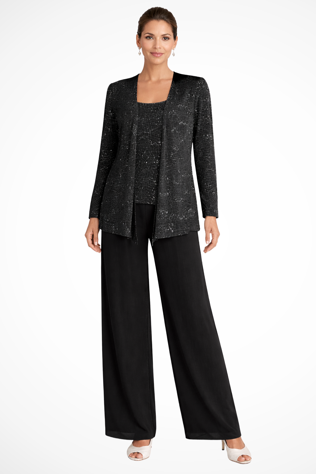 Women's evening three-piece set with wide-leg trousers and open-front jacket, XS–2XL