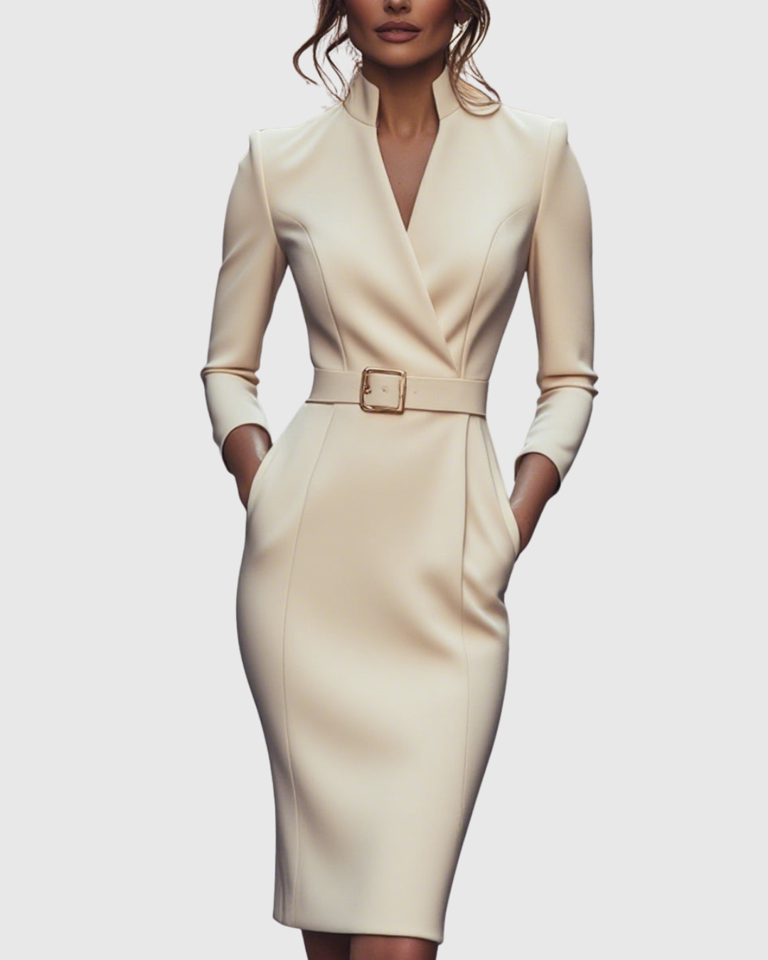 Midi Dress Women Fitted Pencil Wrap Neckline Three Quarter Sleeve