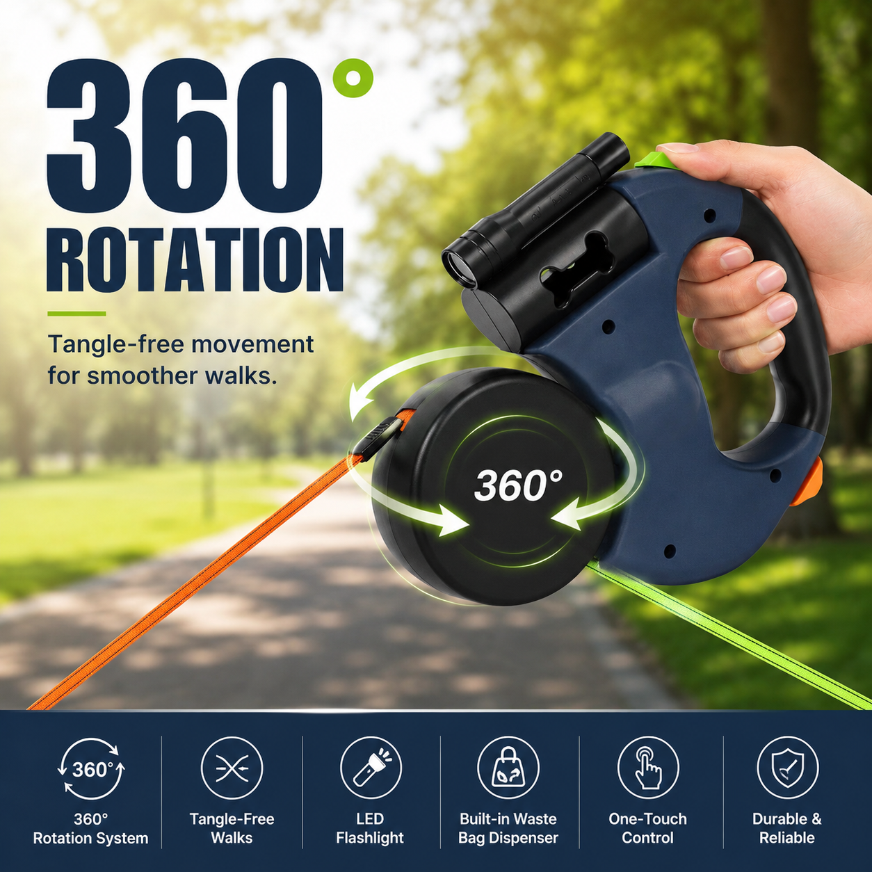 Dual retractable dog leash 10FT with built-in flashlight and tangle-free 360° rotation