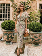 Women abstract print V neck twist waist midi dress short sleeves green