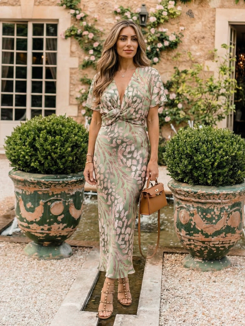 Women abstract print V neck twist waist midi dress short sleeves green