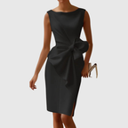 Women sleeveless midi dress with sculpted side bow and asymmetrical drape