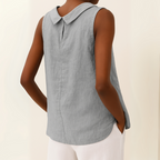 Women linen cotton sleeveless longline top with pleated collar