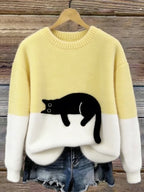 Women knit jumper colour block with black cat motif relaxed fit
