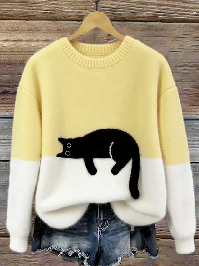 Women knit jumper colour block with black cat motif relaxed fit