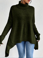 Women knit sweater high neck asymmetric hem relaxed fit