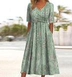 Women floral print high-waist A-line dress with V-neckline and short sleeves