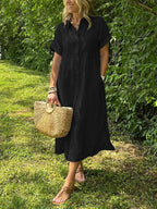Women's striped shirt dress button-down casual with pockets, loose fit