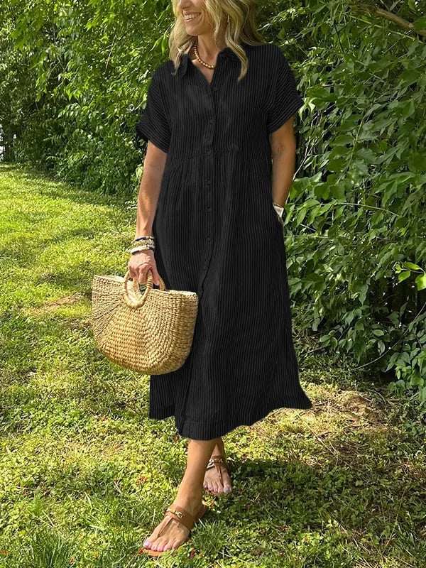 Women's striped shirt dress button-down casual with pockets, loose fit