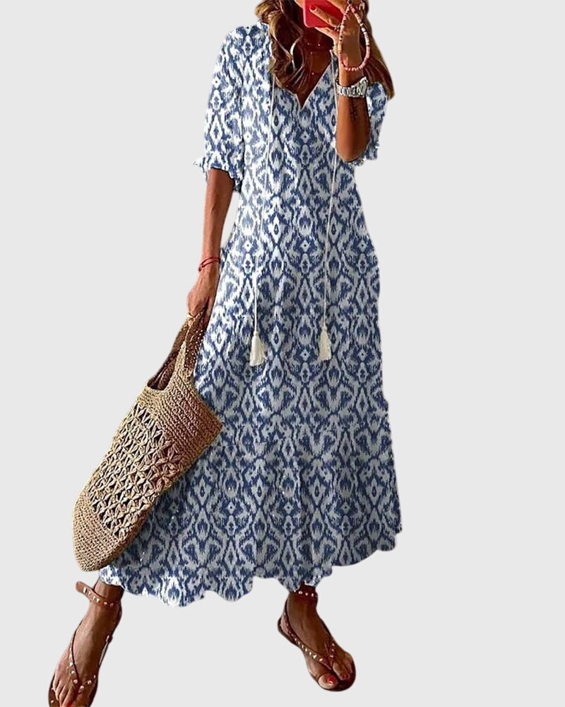 Boho summer dress with V-neckline, vintage bohemian style, lightweight and breezy