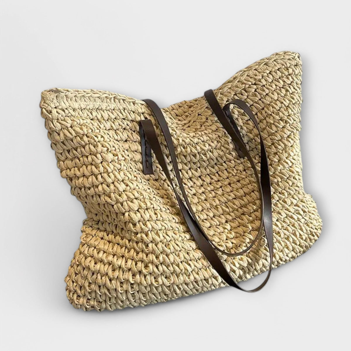 Women woven straw shoulder bag with firm top handle in natural texture