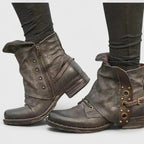 Women's ankle boots distressed faux leather with buckle strap and Western-style detail