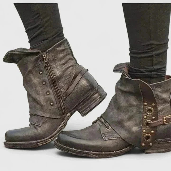 Women's ankle boots distressed faux leather with buckle strap and Western-style detail
