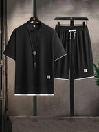 Men's two-piece waffle fabric set, relaxed fit, T-shirt and shorts in black and beige