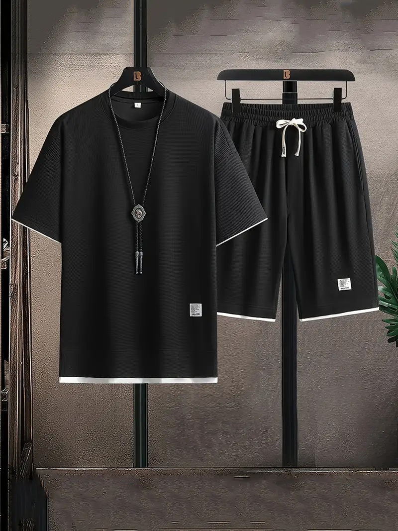 Men's two-piece waffle fabric set, relaxed fit, T-shirt and shorts in black and beige