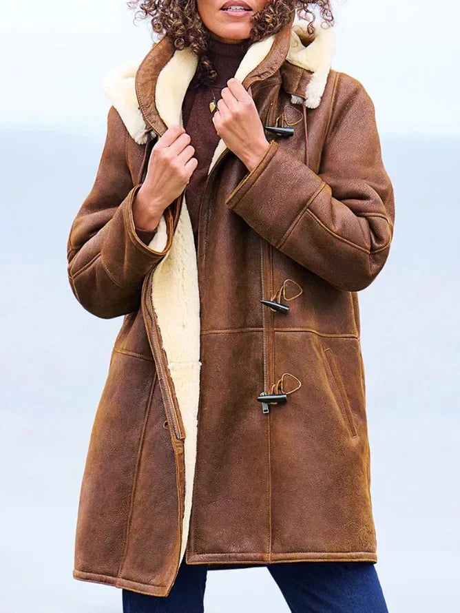 Women's hooded coat in brown, warm casual winter coat with relaxed fit