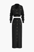 Women 2 piece knit blazer skirt set ribbed with gold button detail