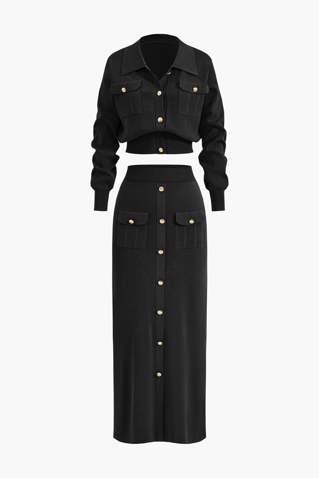 Women 2 piece knit blazer skirt set ribbed with gold button detail