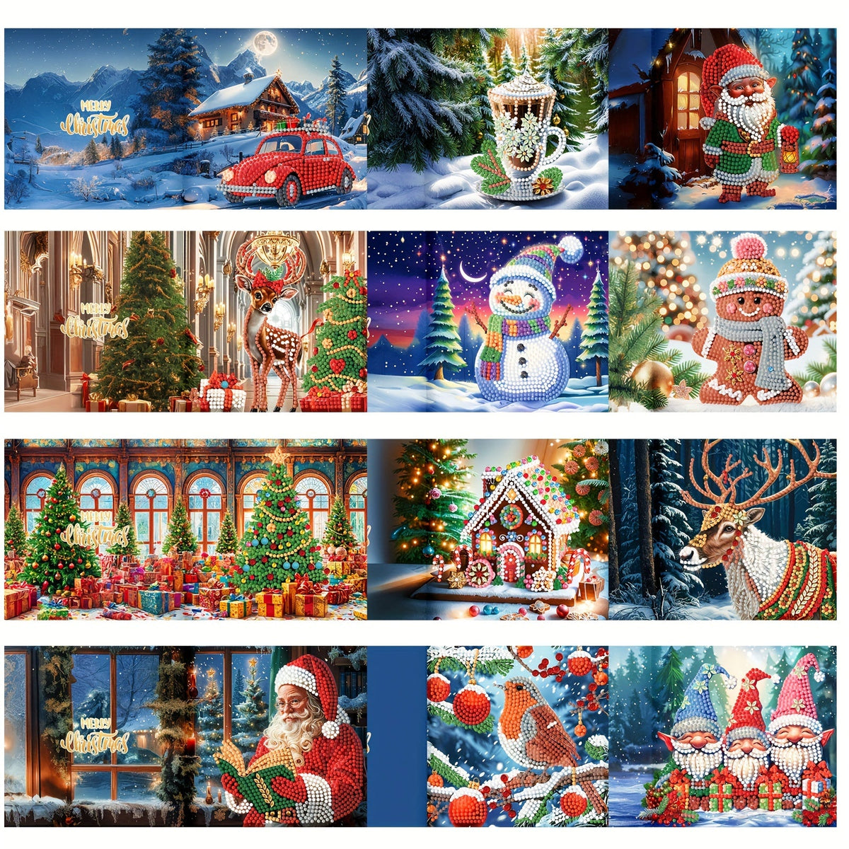 Diamond painting Christmas cards DIY kit with Santa and animal designs, 12pcs multicolor
