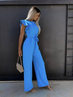 Women's wide leg jumpsuit with butterfly sleeves and belt, elegant summer one-piece