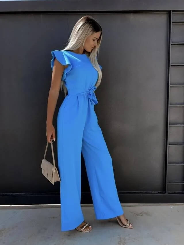 Women's wide leg jumpsuit with butterfly sleeves and belt, elegant summer one-piece