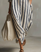 Women's striped maxi dress in blue with lapel collar, casual spring summer style
