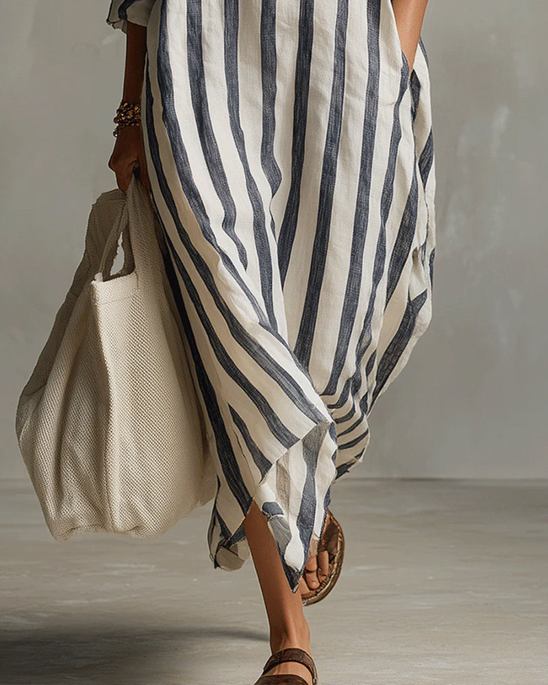 Women's striped maxi dress in blue with lapel collar, casual spring summer style