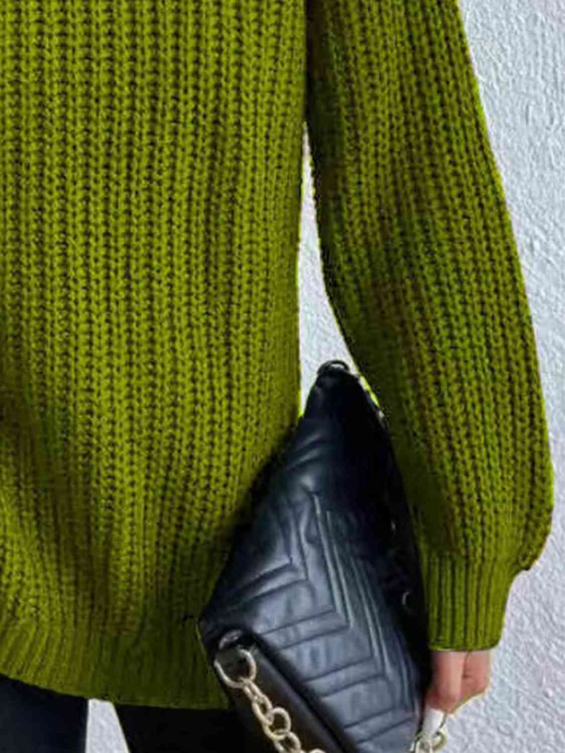 Women ribbed knit turtleneck sweater with side slit hem, autumn winter