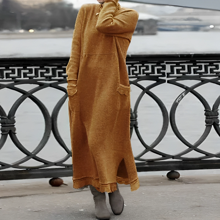 Women's winter knit midi dress with pockets and side slit, available in multiple colours